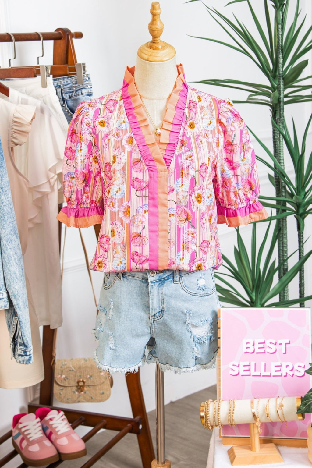 Floral Poppy Stripe Colorblock V-Neck Short Sleeve Blouse - Rooted & Reckless Co.