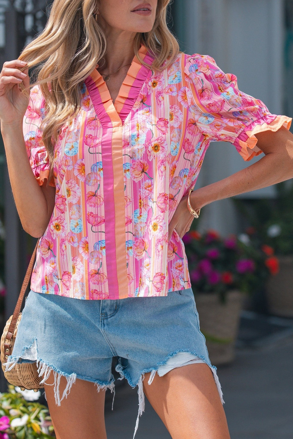 Floral Poppy Stripe Colorblock V-Neck Short Sleeve Blouse - Rooted & Reckless Co.