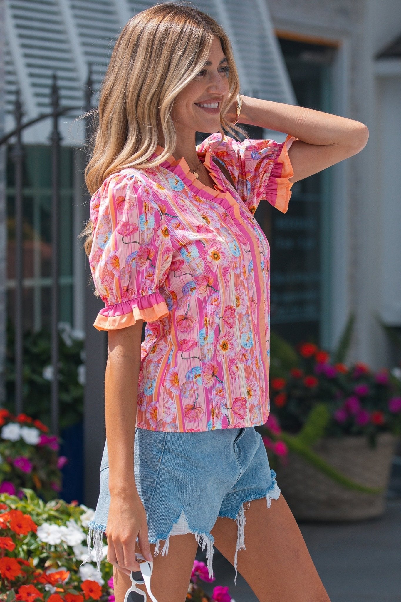 Floral Poppy Stripe Colorblock V-Neck Short Sleeve Blouse - Rooted & Reckless Co.