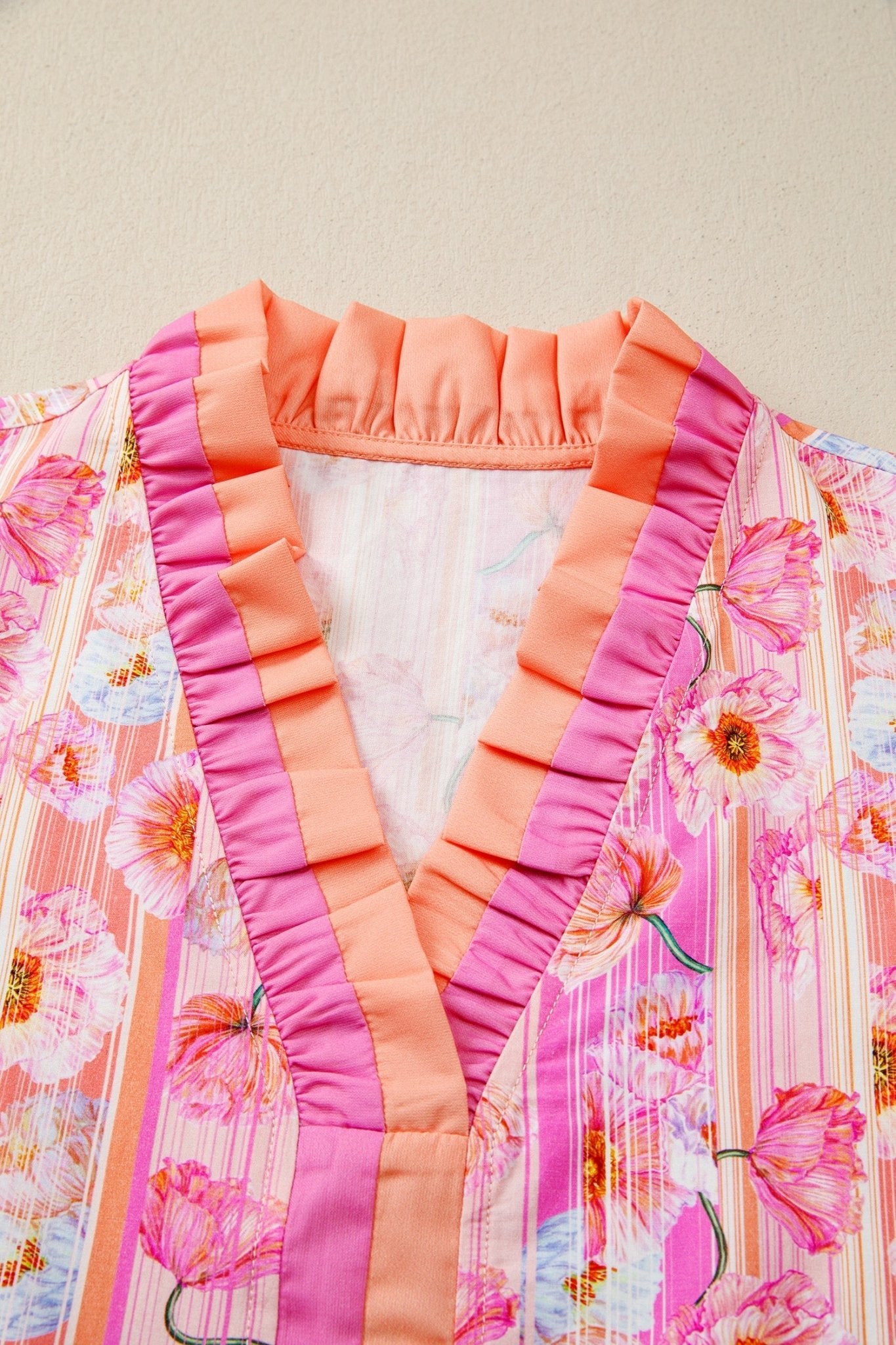 Floral Poppy Stripe Colorblock V-Neck Short Sleeve Blouse - Rooted & Reckless Co.