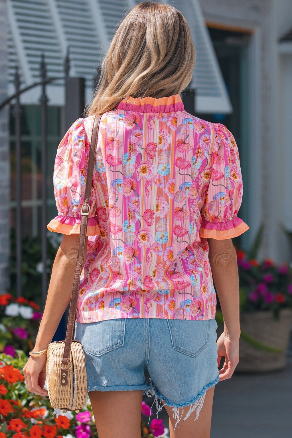 Floral Poppy Stripe Colorblock V-Neck Short Sleeve Blouse - Rooted & Reckless Co.