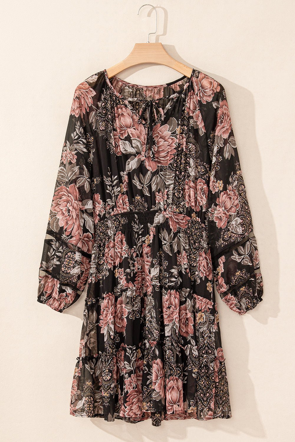 Floral Puff Long Sleeve V-Neck Smocked Waist Dress - Rooted & Reckless Co.