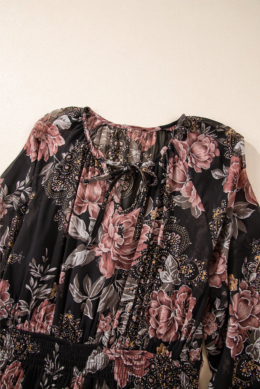 Floral Puff Long Sleeve V-Neck Smocked Waist Dress - Rooted & Reckless Co.