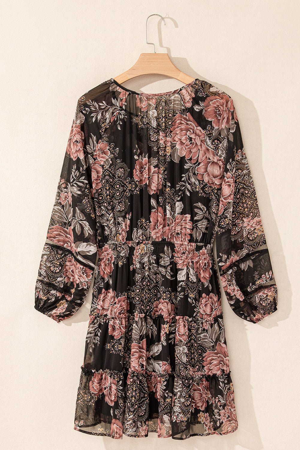 Floral Puff Long Sleeve V-Neck Smocked Waist Dress - Rooted & Reckless Co.