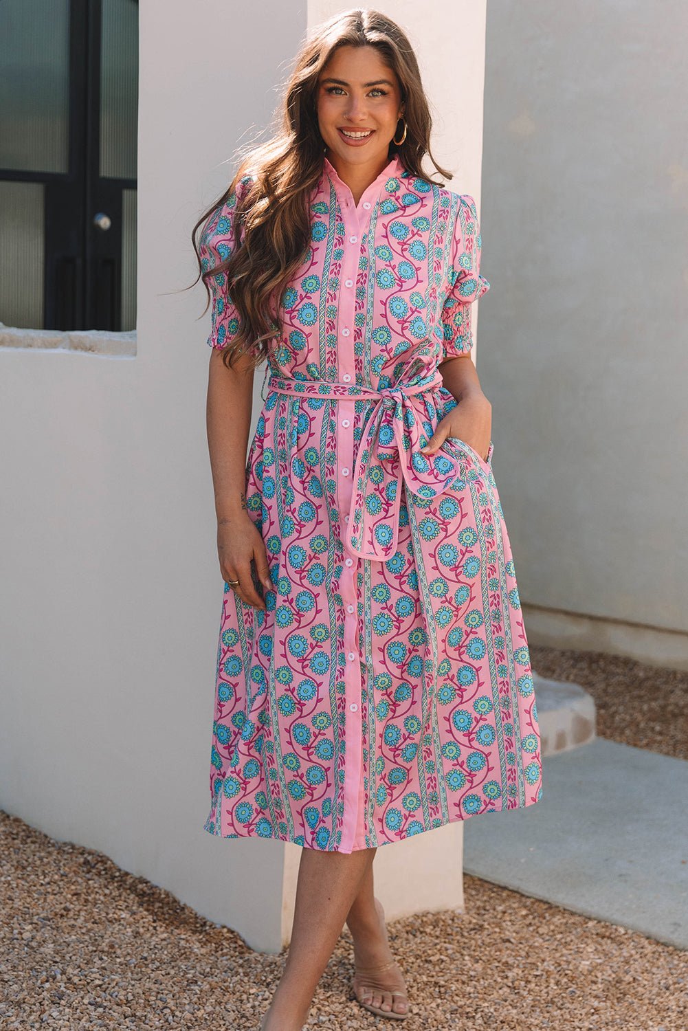 Floral Puff Sleeve Button Front Belted Midi Dress - Rooted & Reckless Co.