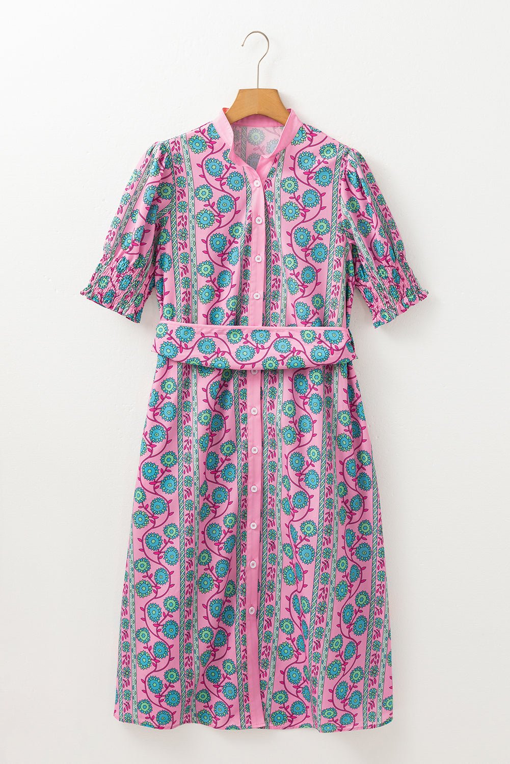 Floral Puff Sleeve Button Front Belted Midi Dress - Rooted & Reckless Co.