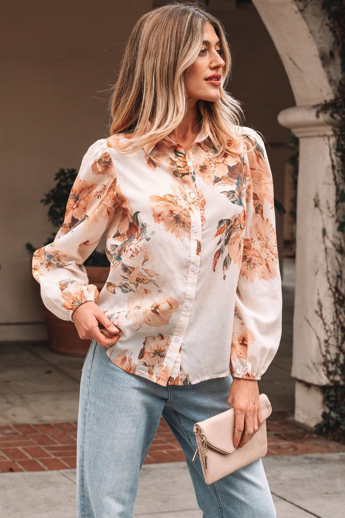 Floral Puff Sleeve Collared Shirt - Rooted & Reckless Co.