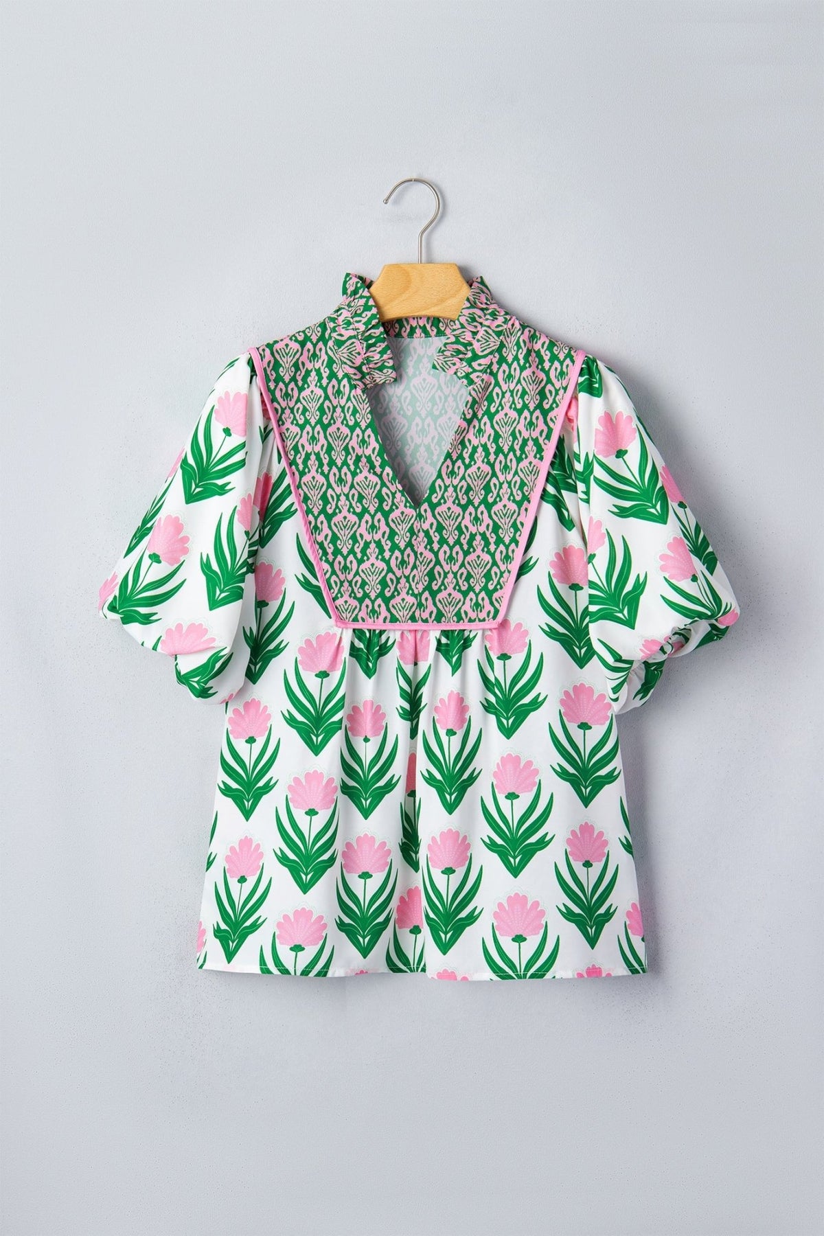 Floral Puff Sleeve Contrast V-Neck Blouse - Rooted & Reckless Co.