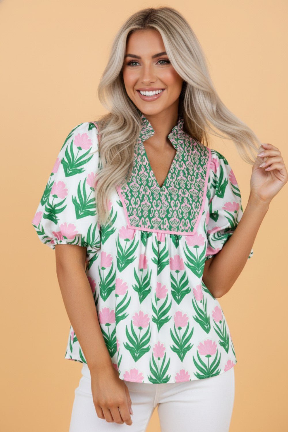 Floral Puff Sleeve Contrast V-Neck Blouse - Rooted & Reckless Co.
