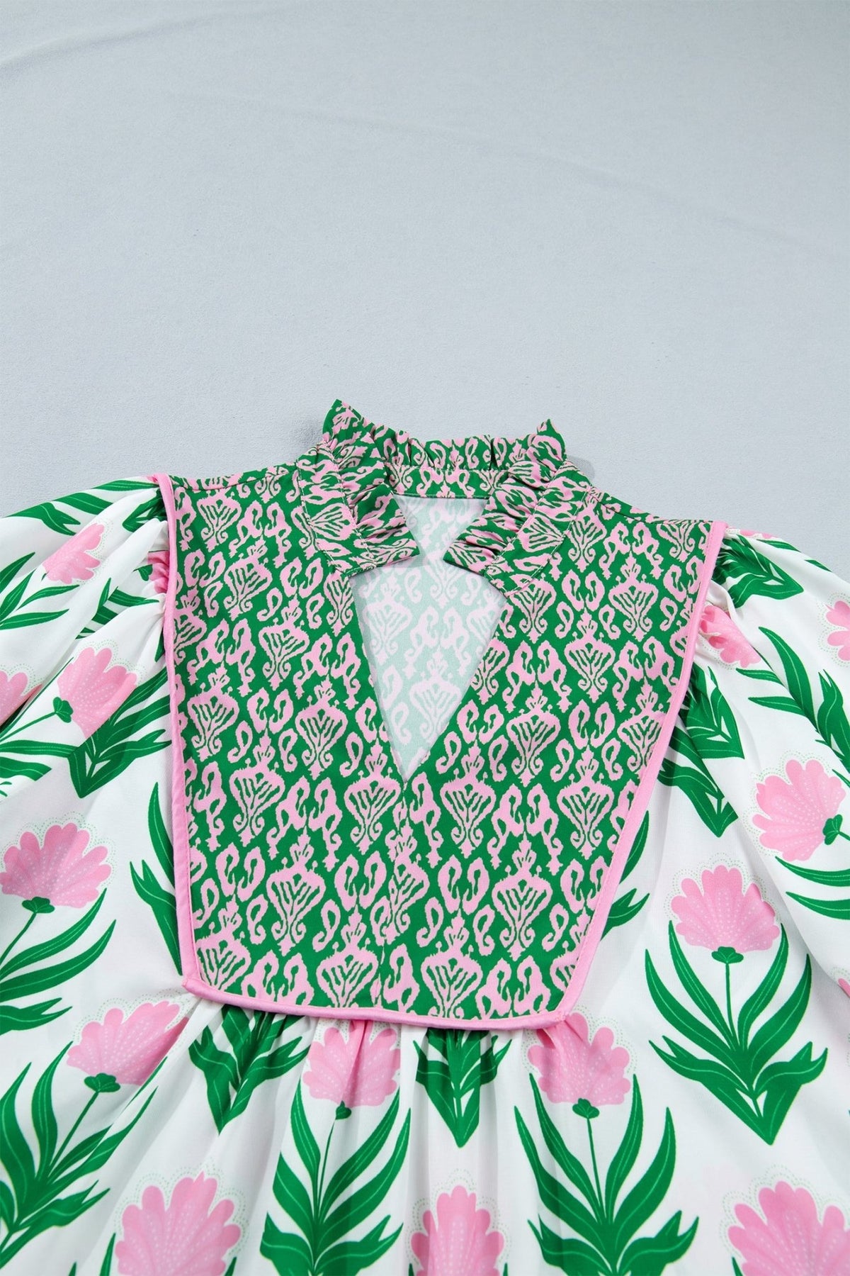 Floral Puff Sleeve Contrast V-Neck Blouse - Rooted & Reckless Co.