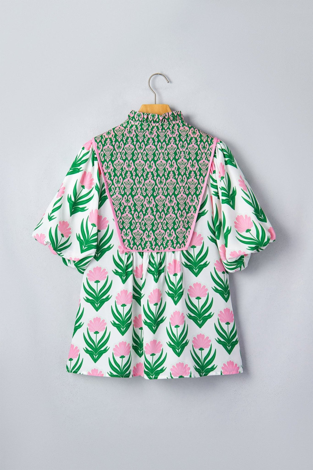 Floral Puff Sleeve Contrast V-Neck Blouse - Rooted & Reckless Co.