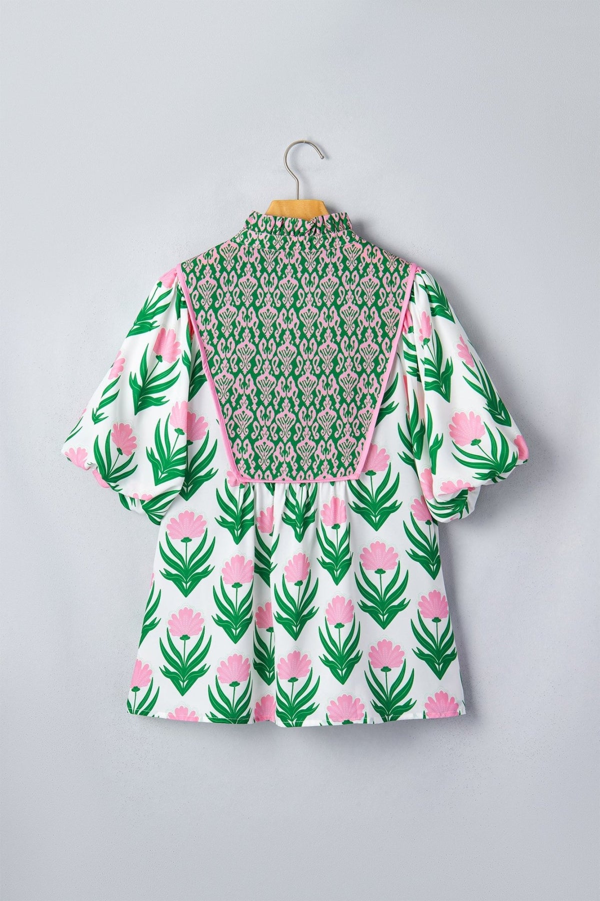 Floral Puff Sleeve Contrast V-Neck Blouse - Rooted & Reckless Co.