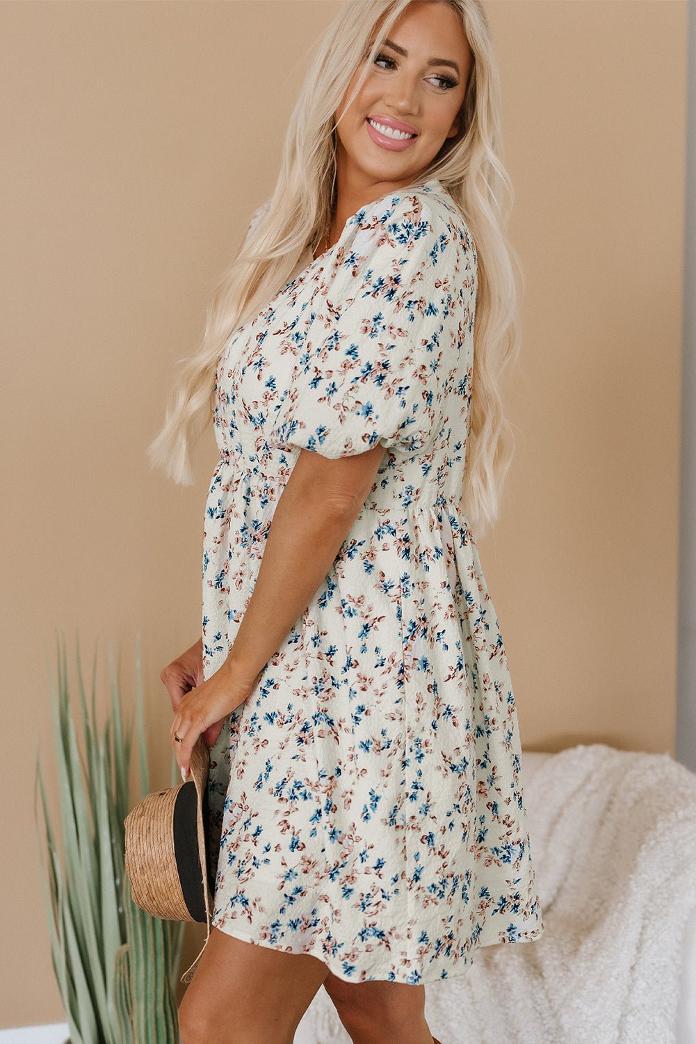 Floral Puff Sleeve Empire Waist Mini Dress - Rooted & Reckless Co.