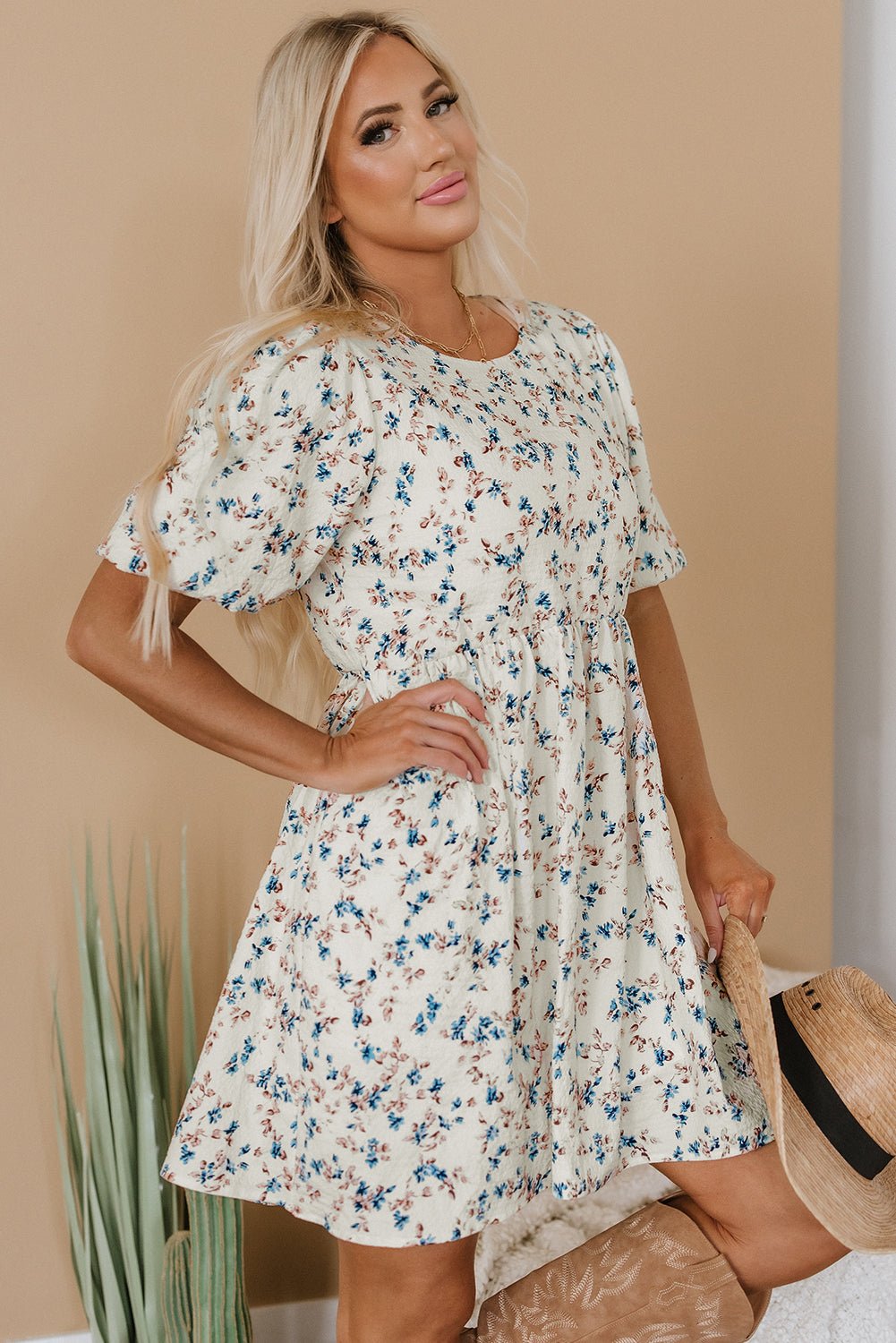 Floral Puff Sleeve Empire Waist Mini Dress - Rooted & Reckless Co.