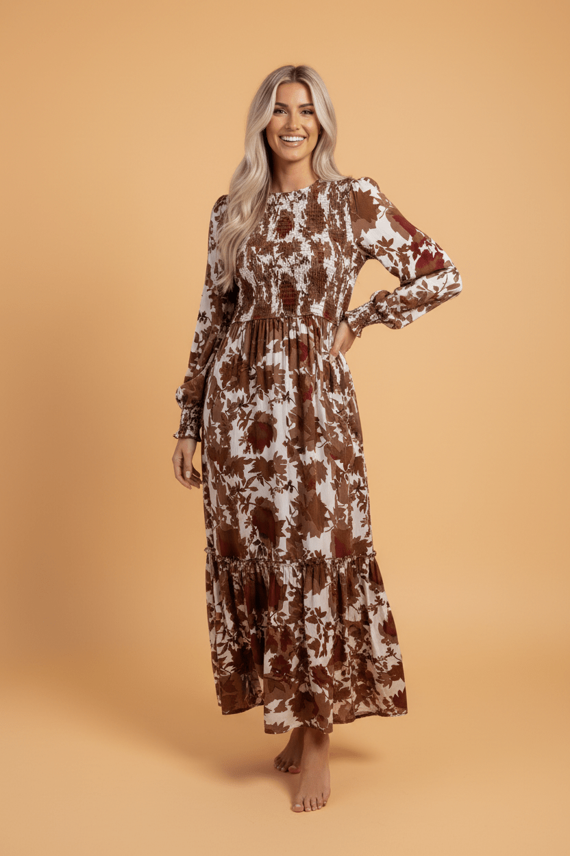 Floral Puff Sleeve Smocked Bodice Ruffle Long Dress - Rooted & Reckless Co.