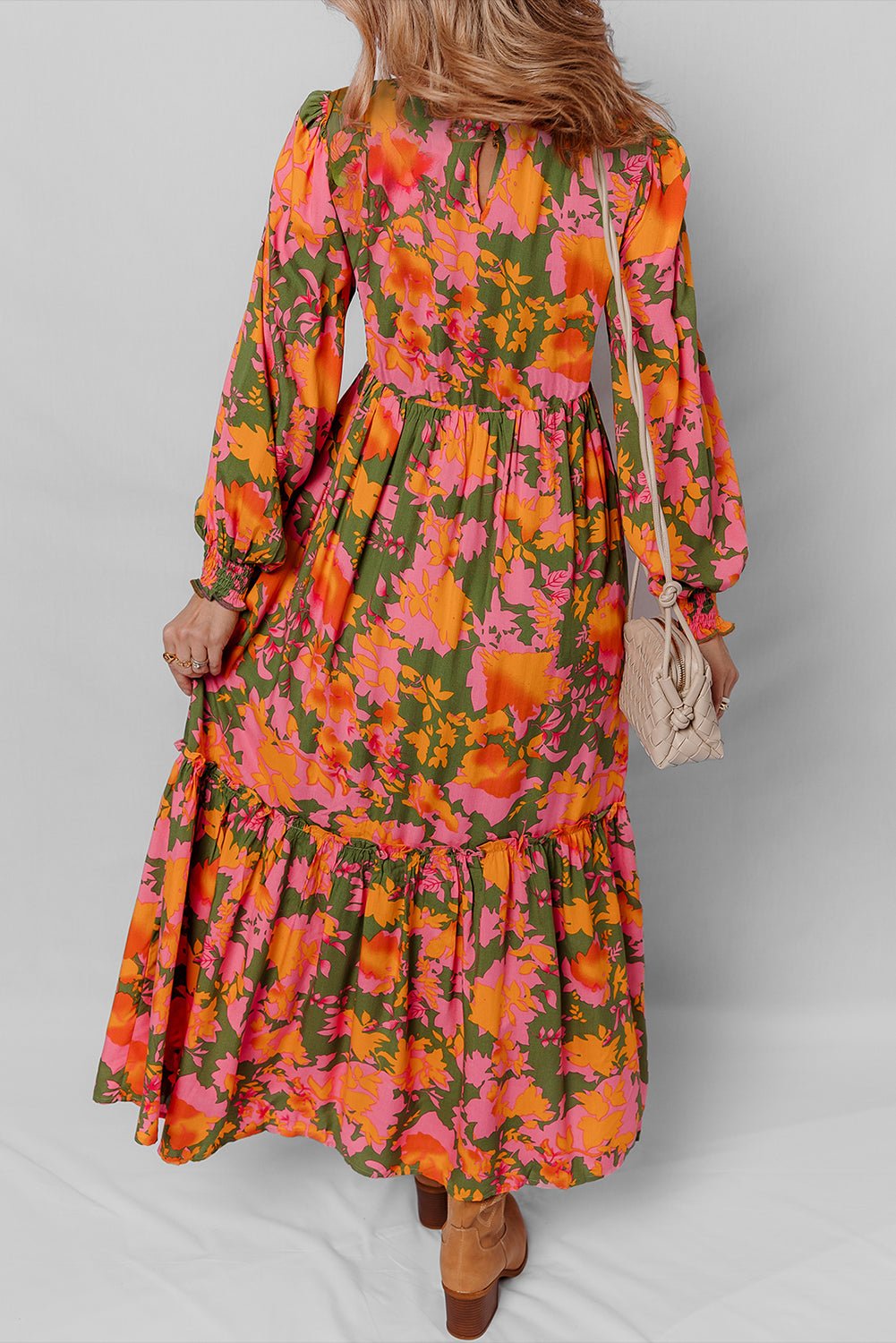 Floral Puff Sleeve Smocked Ruffle Maxi Dress - Rooted & Reckless Co.