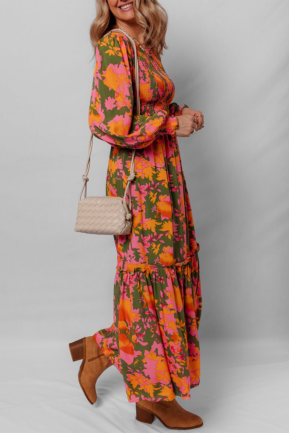 Floral Puff Sleeve Smocked Ruffle Maxi Dress - Rooted & Reckless Co.