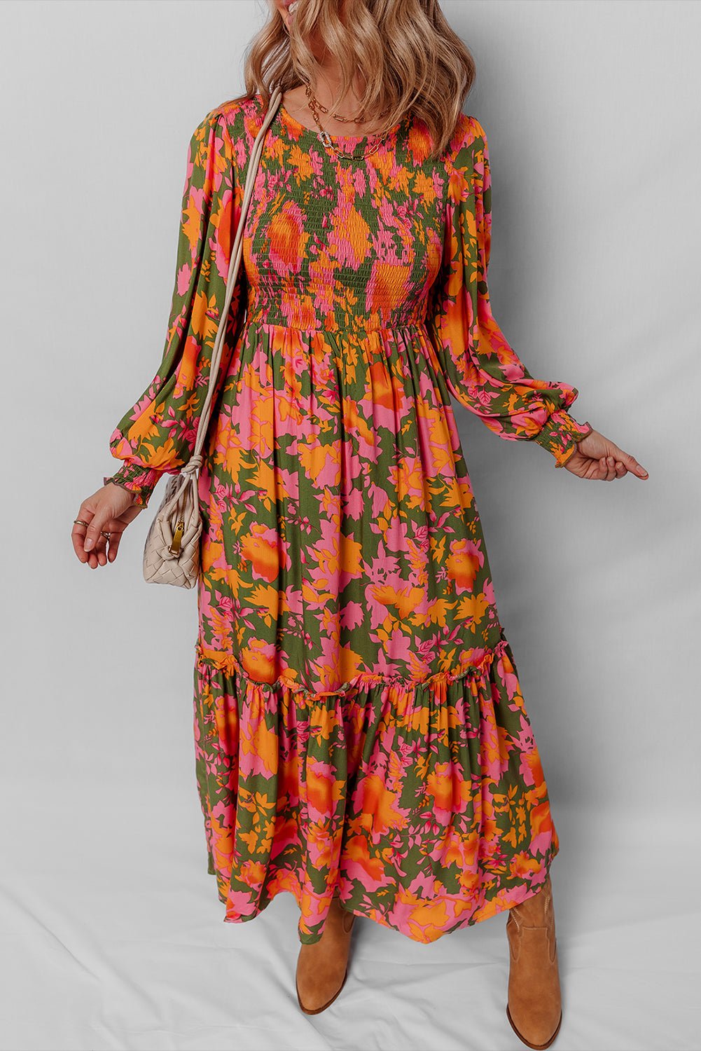 Floral Puff Sleeve Smocked Ruffle Maxi Dress - Rooted & Reckless Co.