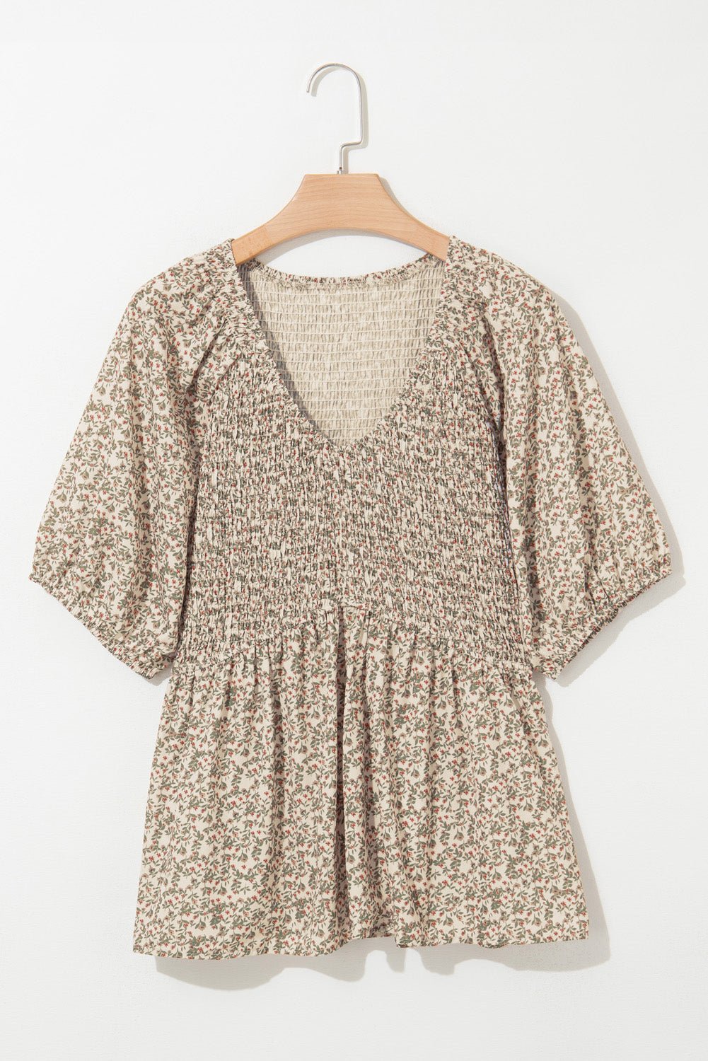 Floral Puff Sleeve Smocked V-Neck Top - Rooted & Reckless Co.