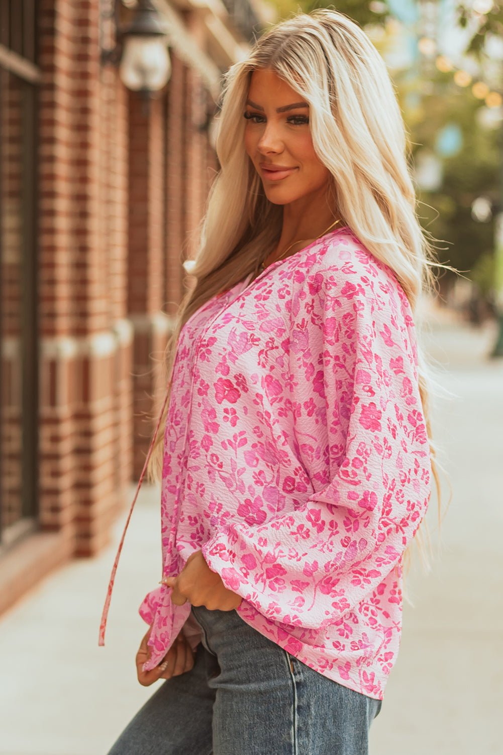 Floral Puff Sleeve Split Neck Lightweight Blouse - Rooted & Reckless Co.