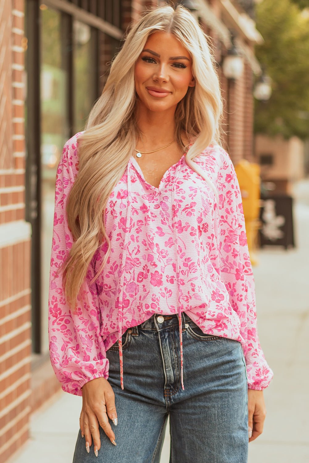 Floral Puff Sleeve Split Neck Lightweight Blouse - Rooted & Reckless Co.