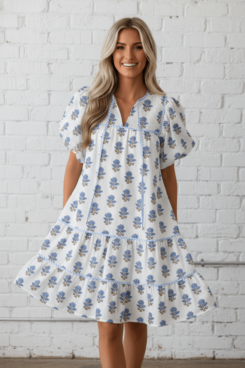 Floral Puff Sleeve Tied Neck Pocketed Mini Dress - Rooted & Reckless Co.