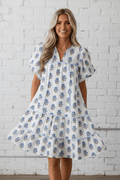 Floral Puff Sleeve Tied Neck Pocketed Mini Dress - Rooted & Reckless Co.