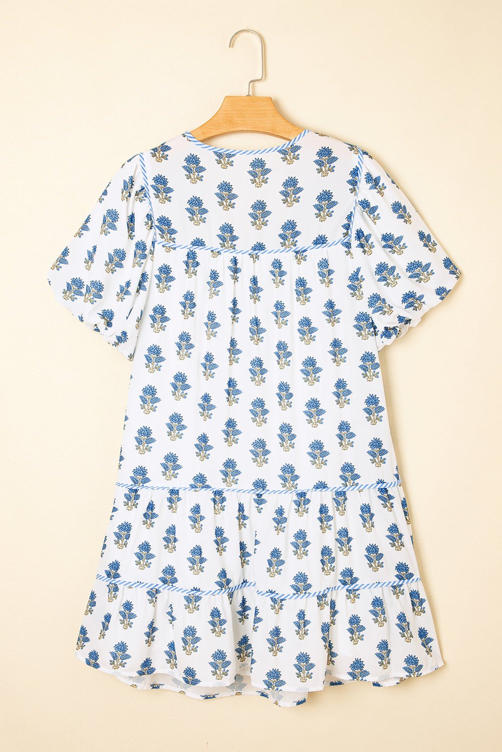 Floral Puff Sleeve Tied Neck Pocketed Mini Dress - Rooted & Reckless Co.