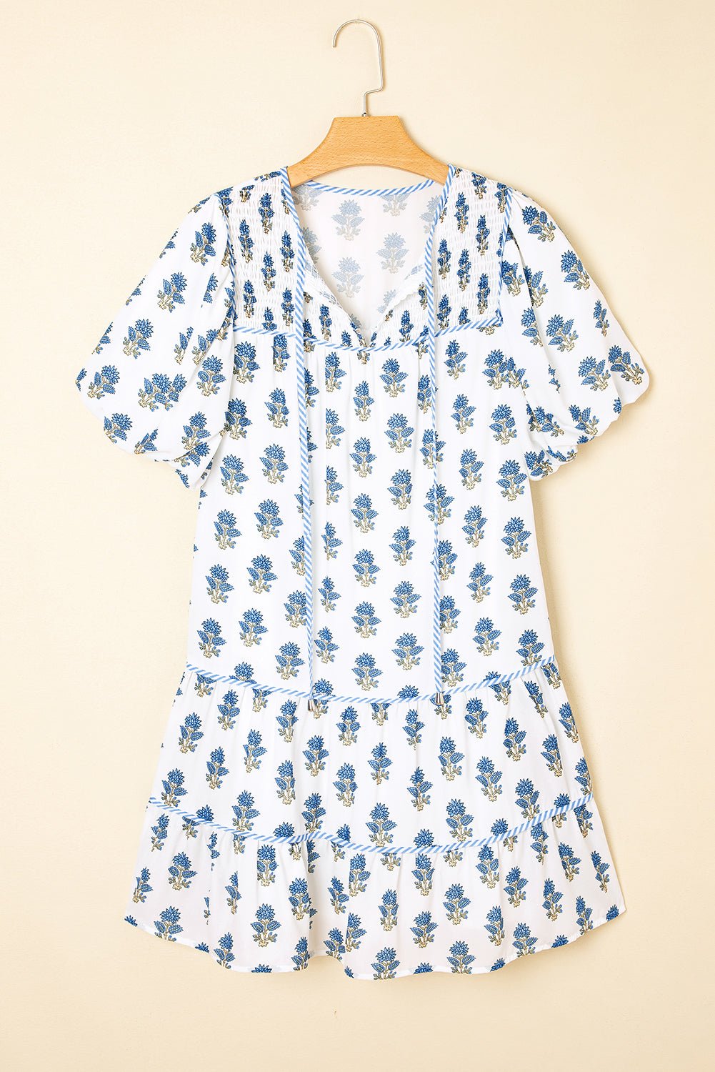 Floral Puff Sleeve Tied Neck Pocketed Mini Dress - Rooted & Reckless Co.