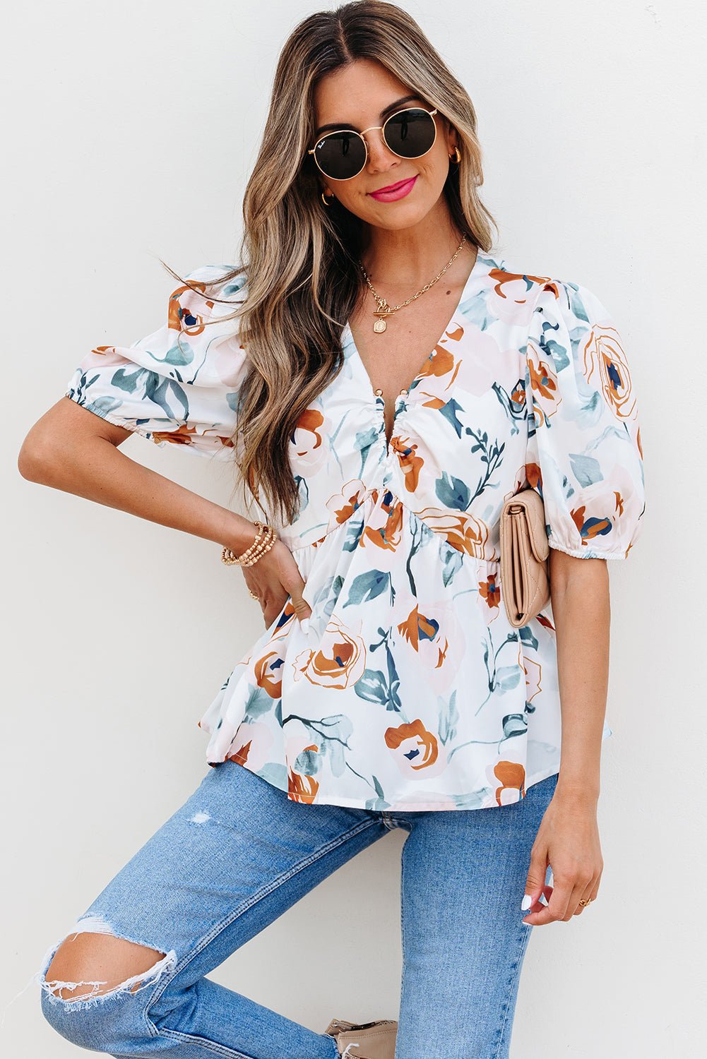 Floral Puff Sleeve V-Neck Babydoll Blouse - Rooted & Reckless Co.