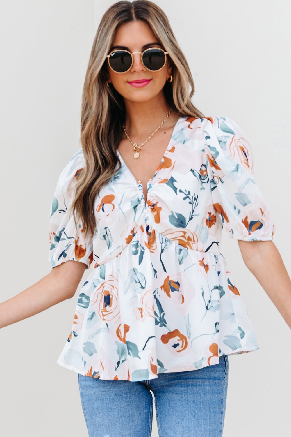 Floral Puff Sleeve V-Neck Babydoll Blouse - Rooted & Reckless Co.
