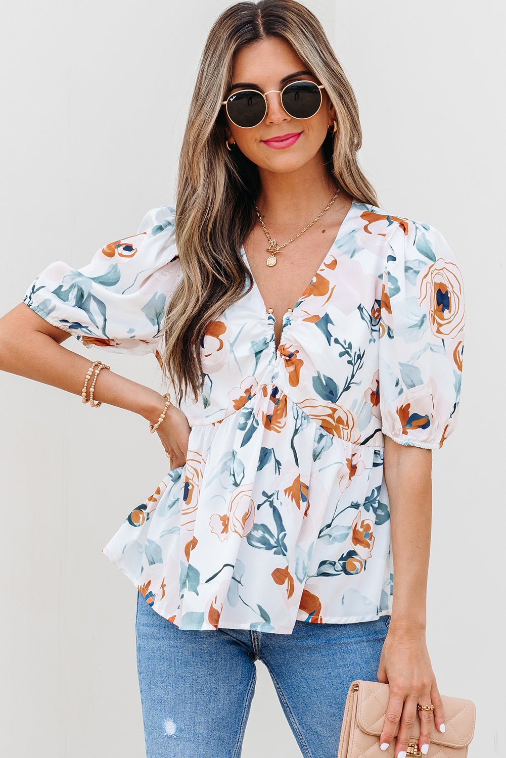 Floral Puff Sleeve V-Neck Babydoll Blouse - Rooted & Reckless Co.