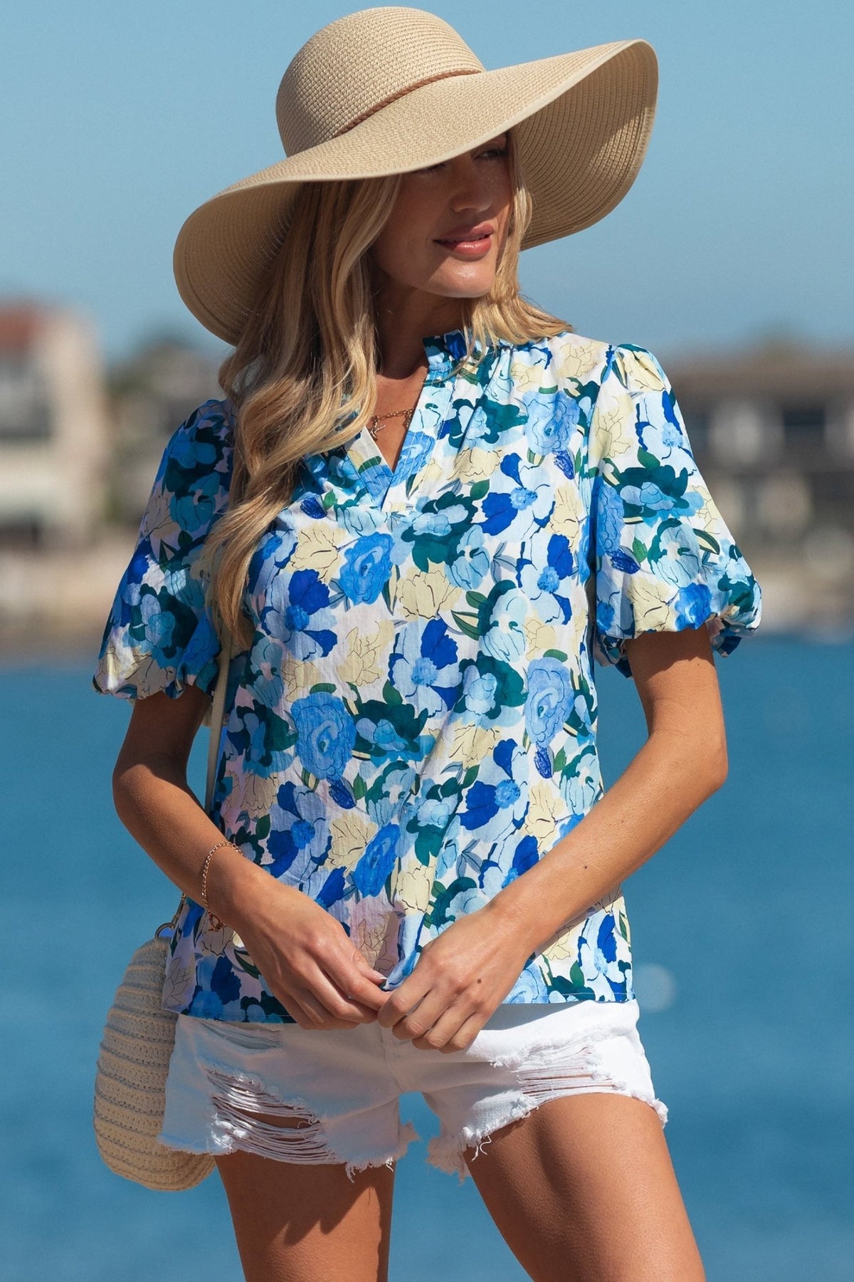 Floral Puff Sleeve V-Neck Short Blouse - Rooted & Reckless Co.