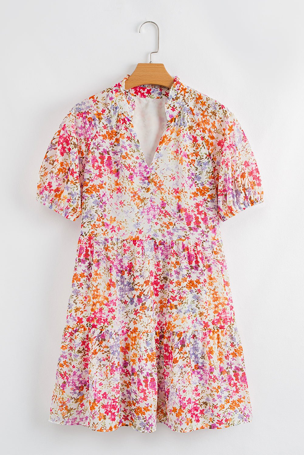 Floral Puff Sleeve V-Neck Tiered Mini Dress - Rooted & Reckless Co.