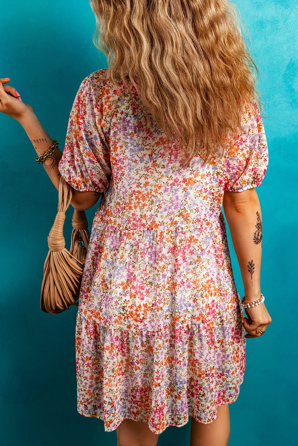 Floral Puff Sleeve V-Neck Tiered Mini Dress - Rooted & Reckless Co.