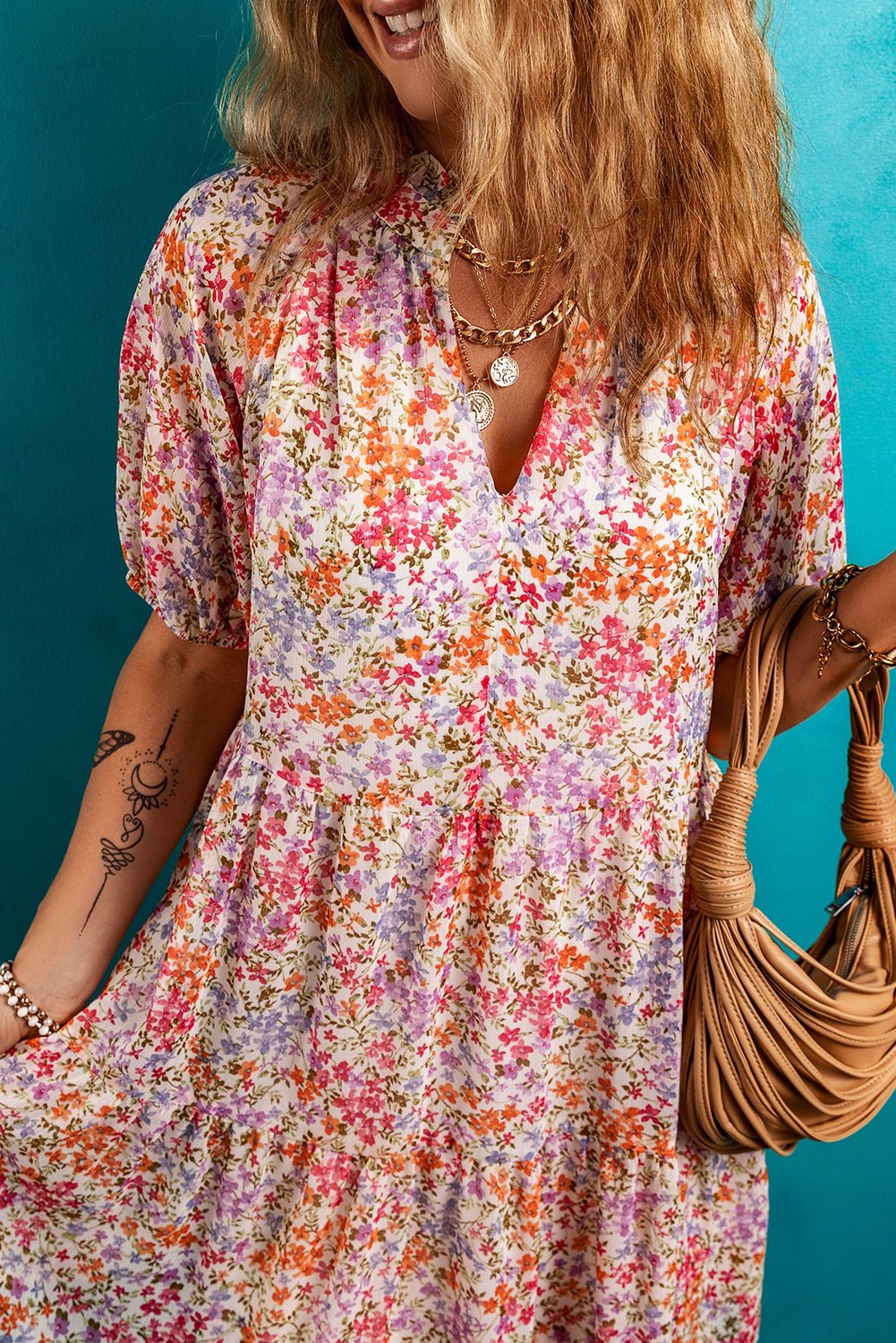 Floral Puff Sleeve V-Neck Tiered Mini Dress - Rooted & Reckless Co.