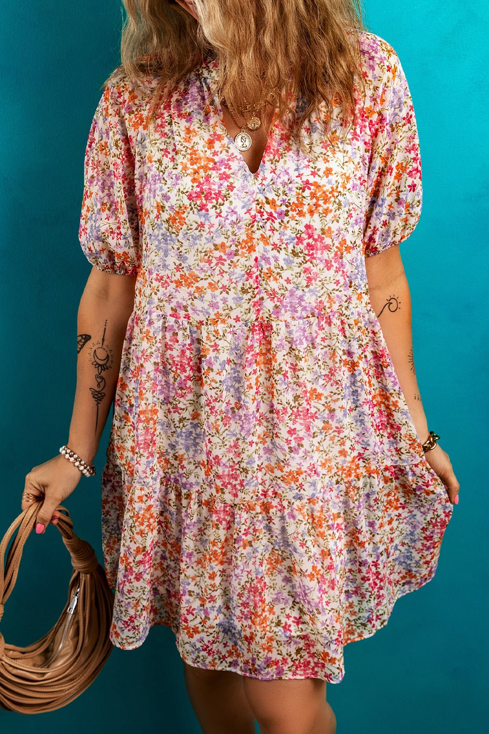Floral Puff Sleeve V-Neck Tiered Mini Dress - Rooted & Reckless Co.