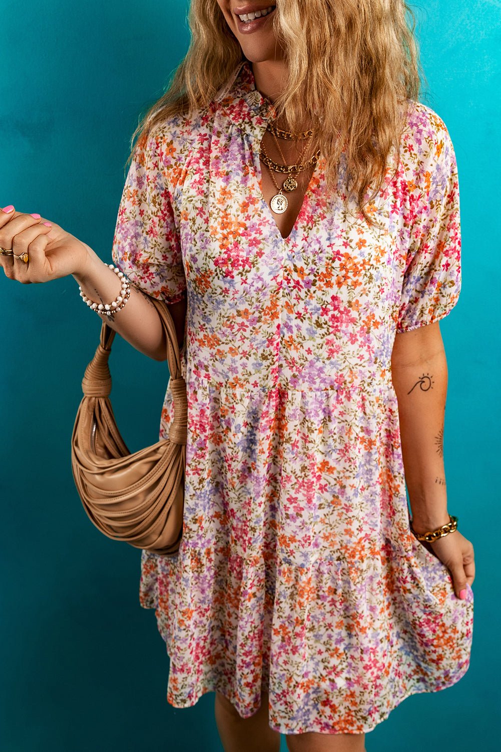 Floral Puff Sleeve V-Neck Tiered Mini Dress - Rooted & Reckless Co.