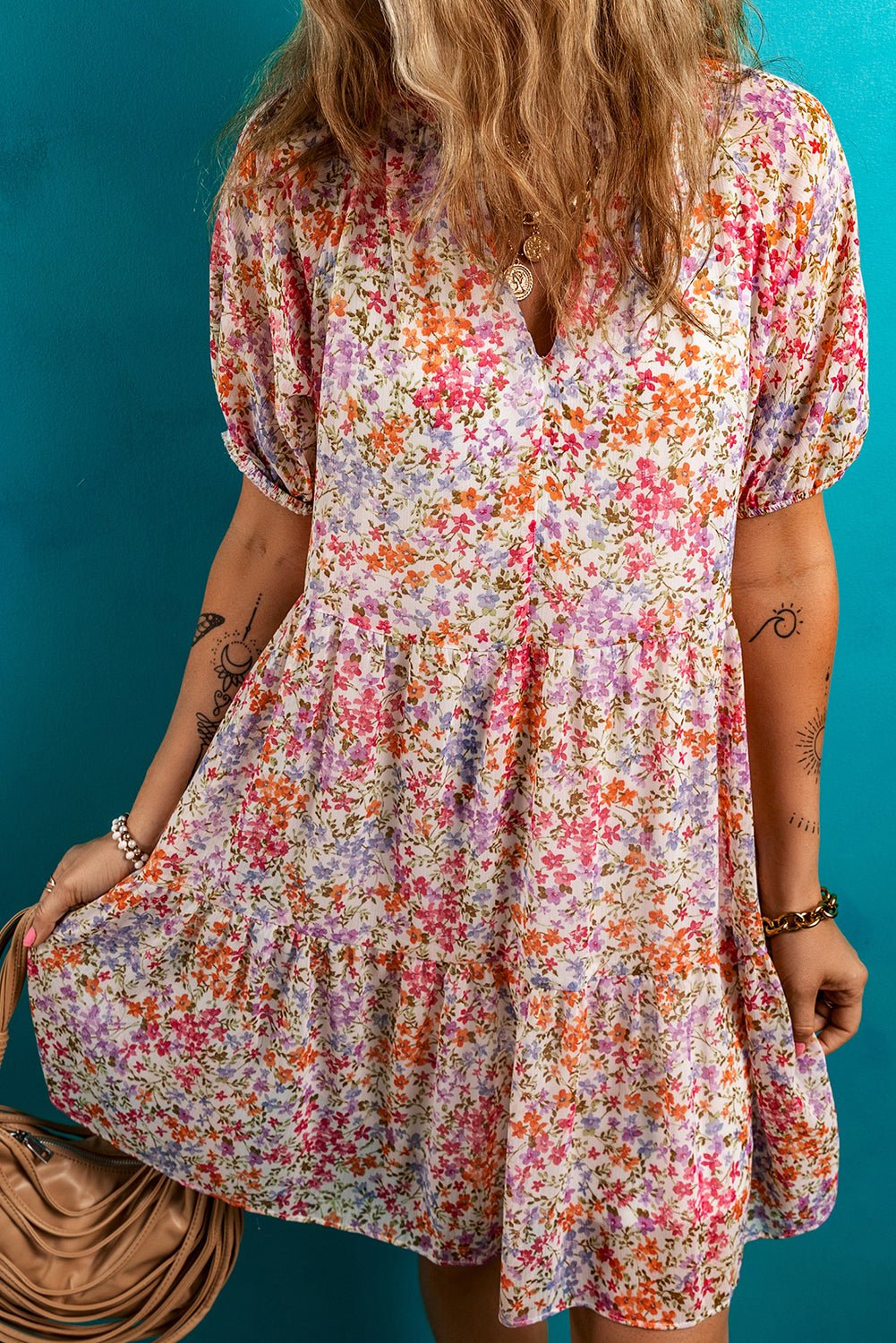 Floral Puff Sleeve V-Neck Tiered Mini Dress - Rooted & Reckless Co.