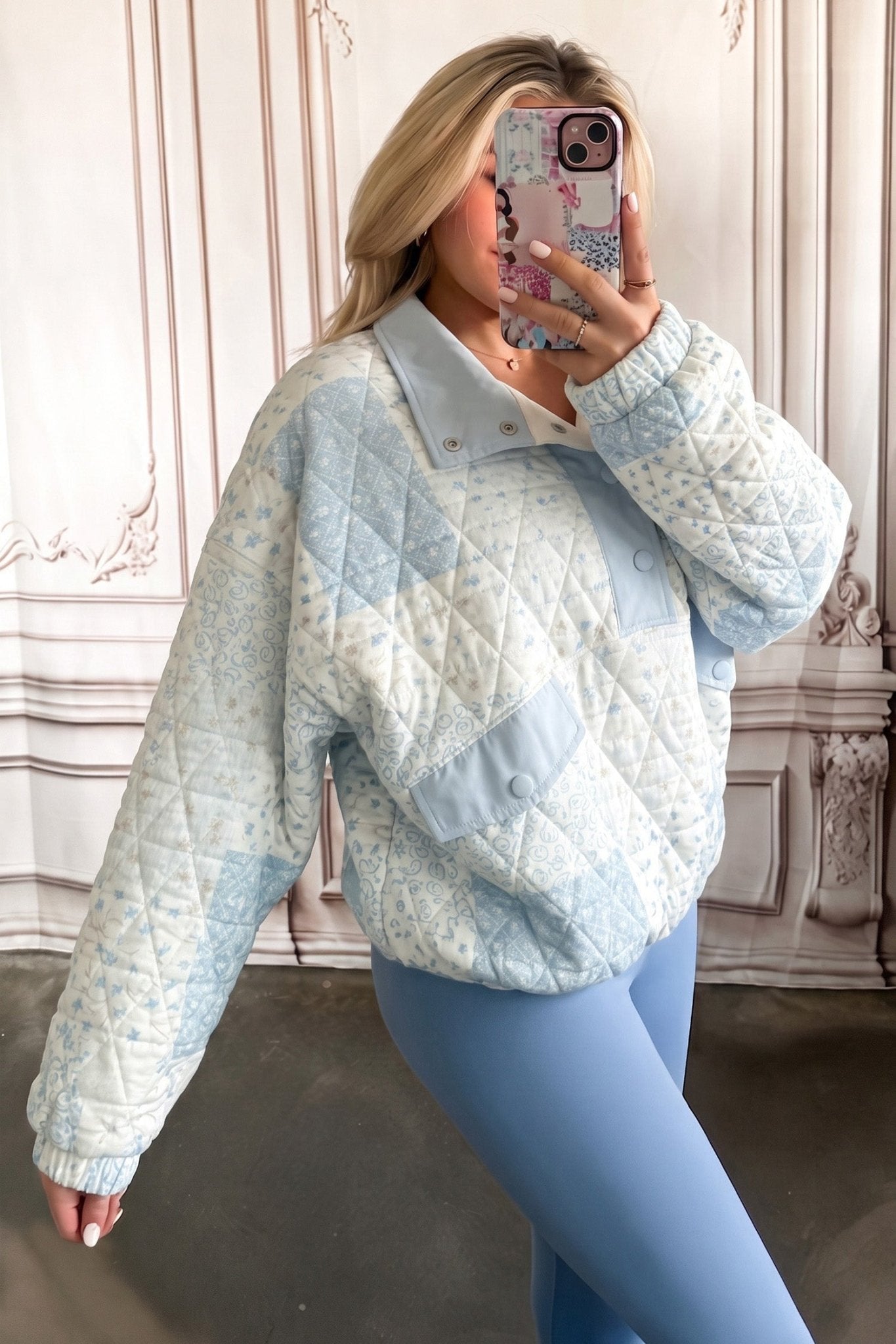 Floral Quilted Half Button Pocket Pullover Sweatshirt - Rooted & Reckless Co.