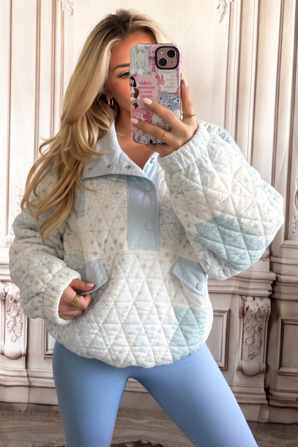Floral Quilted Half Button Pocket Pullover Sweatshirt - Rooted & Reckless Co.