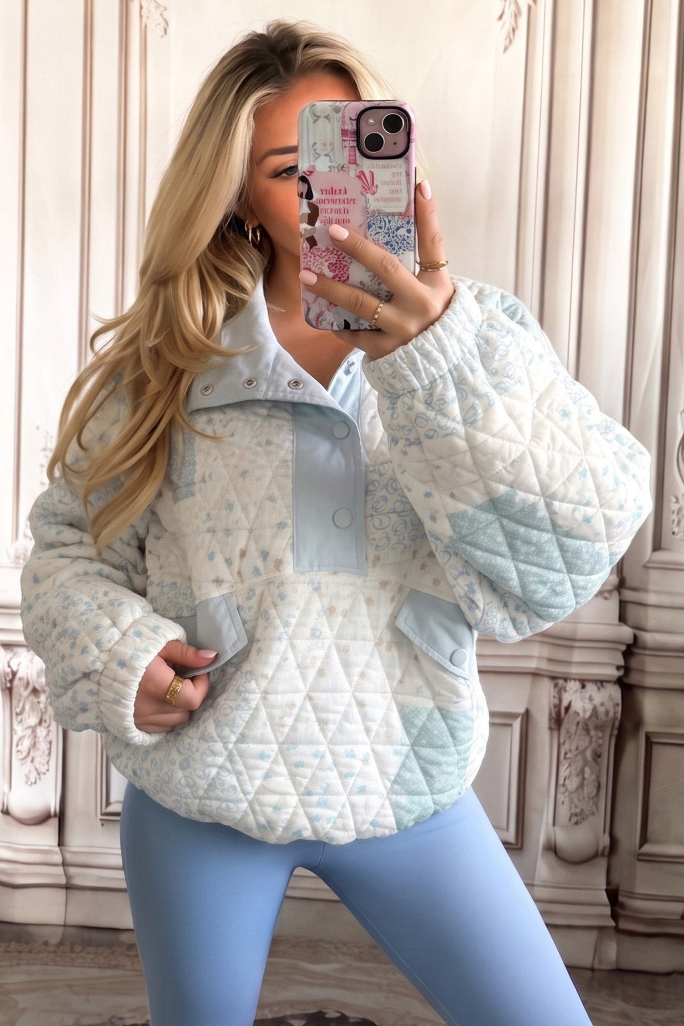 Floral Quilted Half Button Pocket Pullover Sweatshirt - Rooted & Reckless Co.