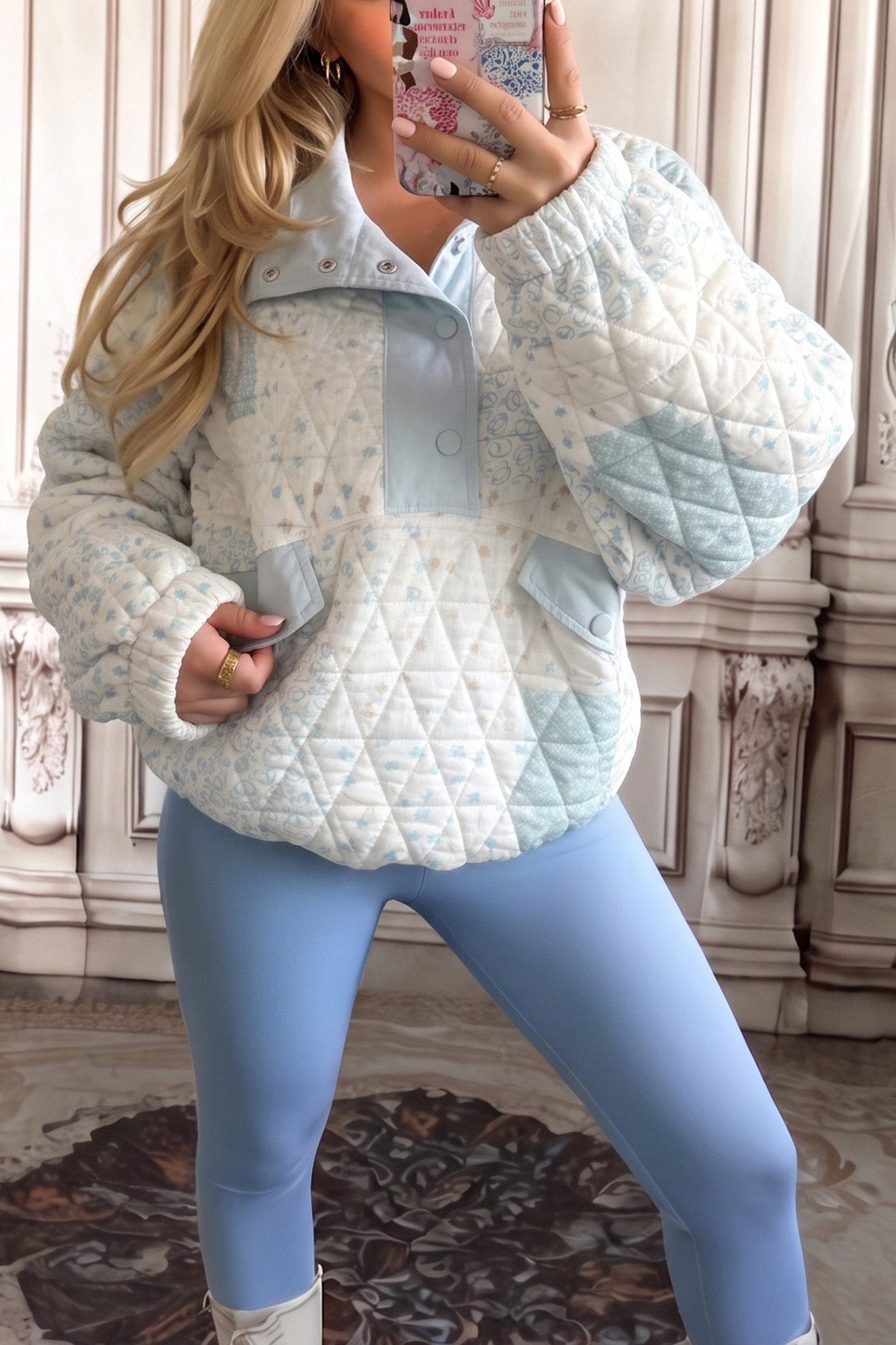 Floral Quilted Half Button Pocket Pullover Sweatshirt - Rooted & Reckless Co.