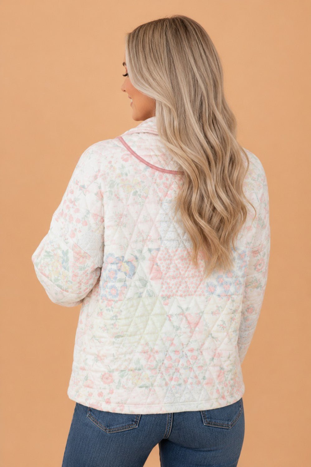 Floral Quilted Metal Zipper Collar Long Sleeve Sweatshirt - Rooted & Reckless Co.