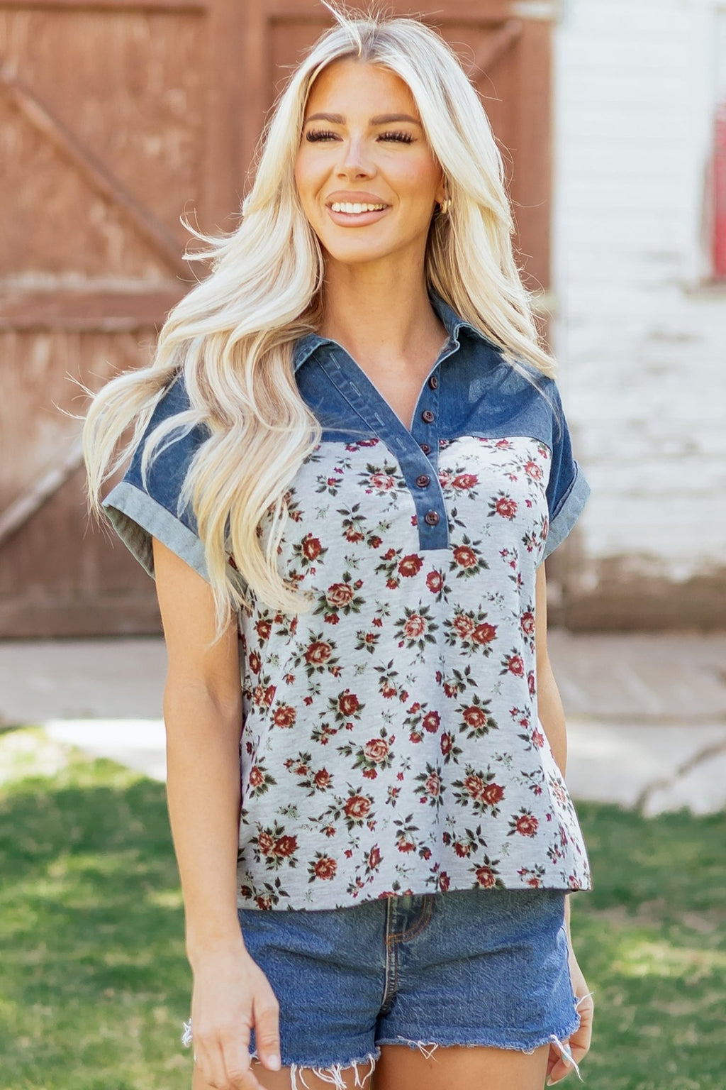 Floral Retro Denim Patchwork Buttoned Collar Top - Rooted & Reckless Co.
