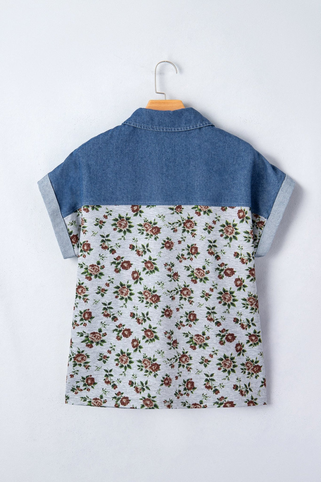 Floral Retro Denim Patchwork Buttoned Collar Top - Rooted & Reckless Co.