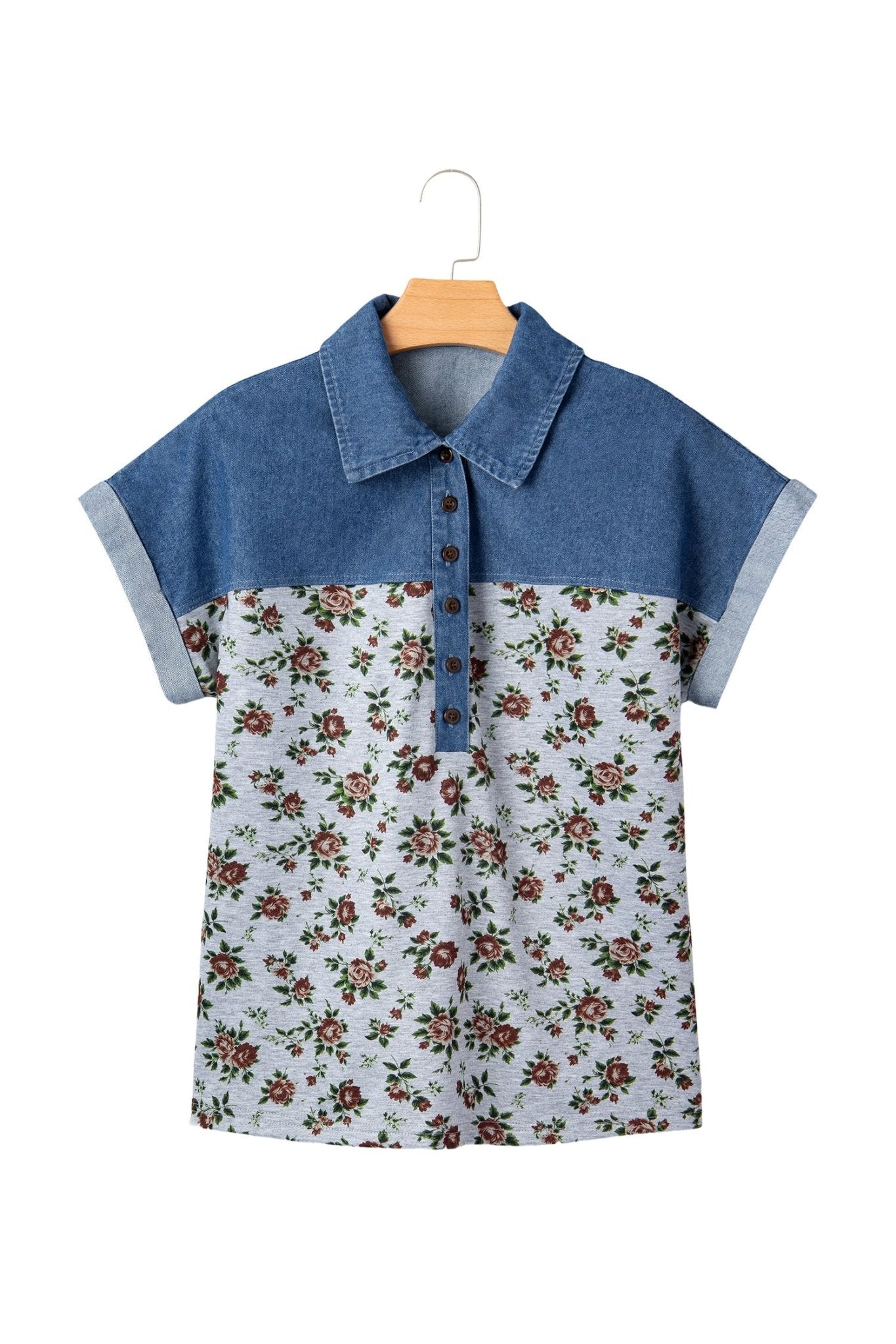 Floral Retro Denim Patchwork Buttoned Collar Top - Rooted & Reckless Co.
