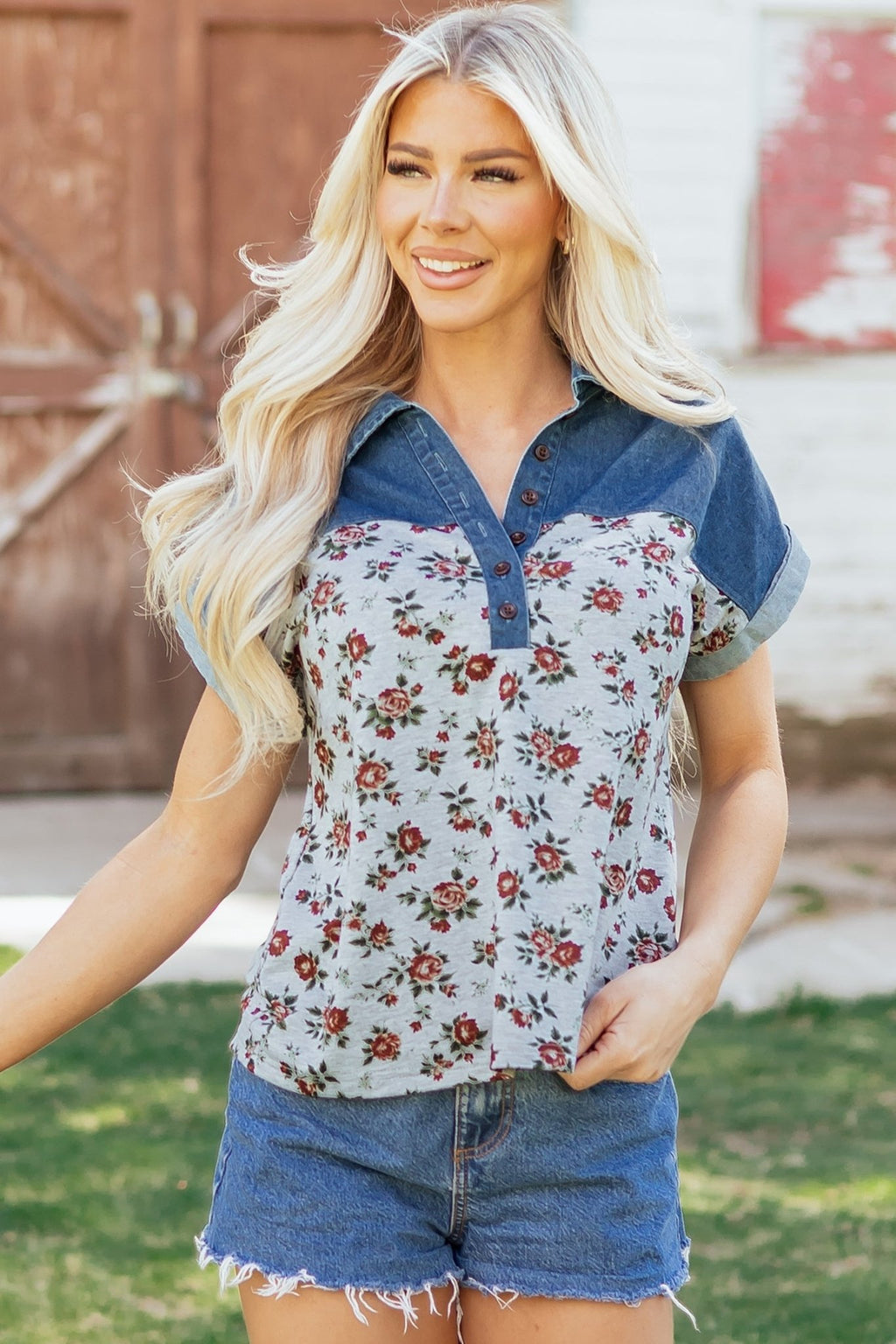 Floral Retro Denim Patchwork Buttoned Collar Top - Rooted & Reckless Co.