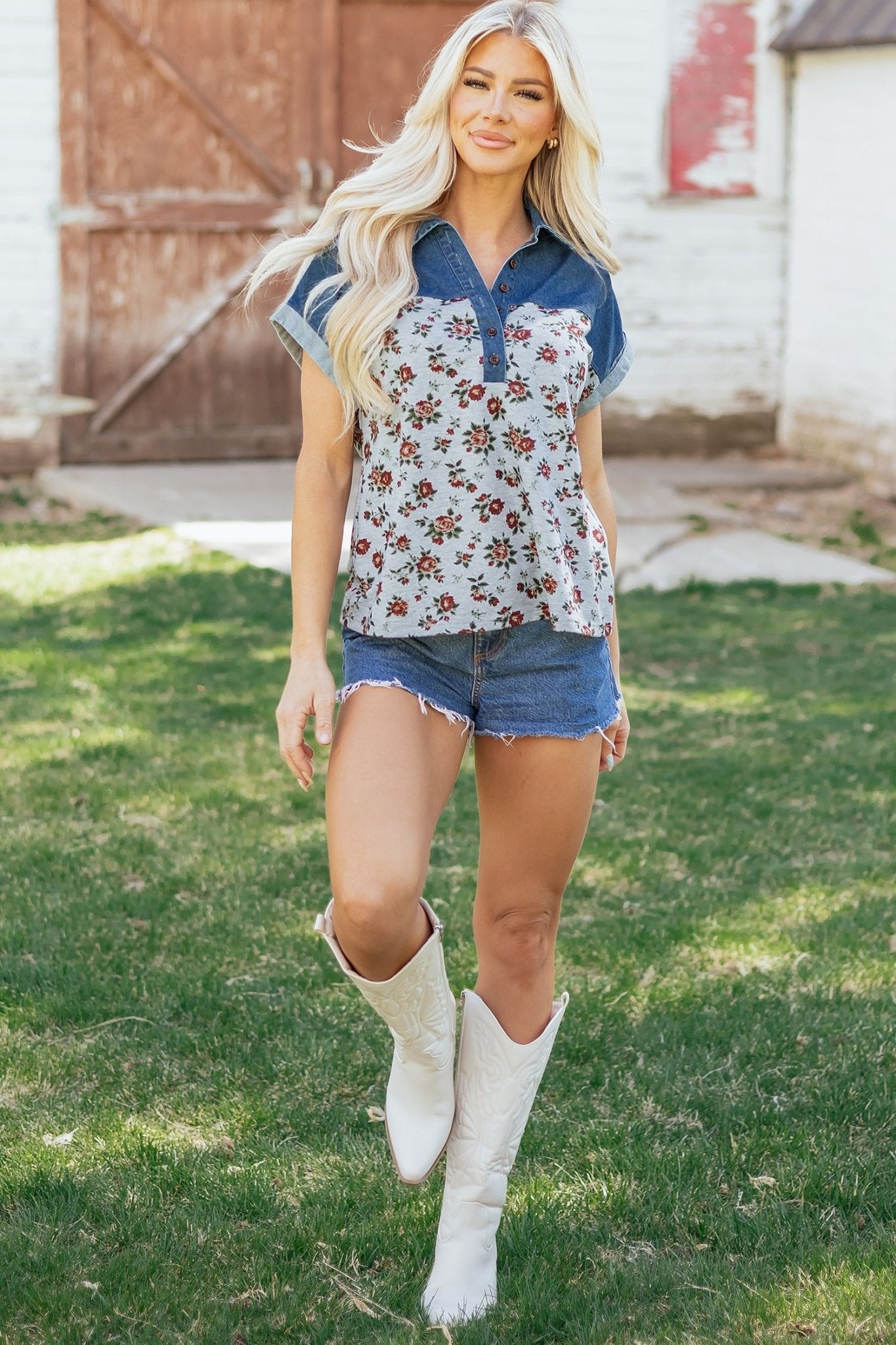 Floral Retro Denim Patchwork Buttoned Collar Top - Rooted & Reckless Co.