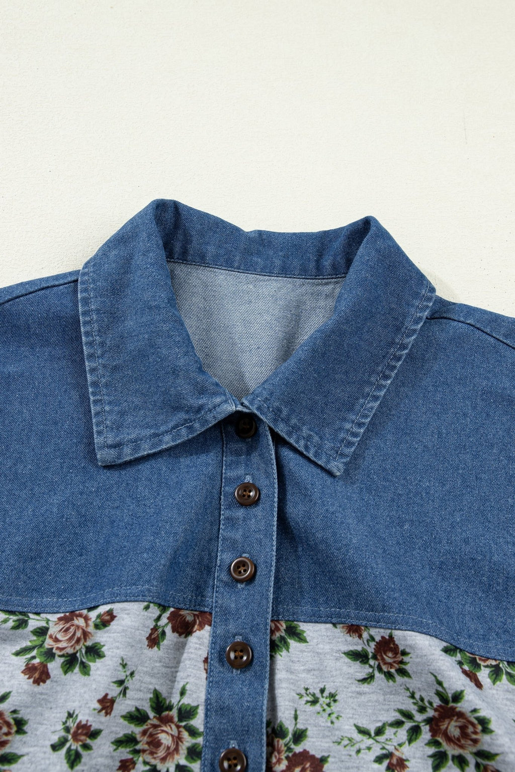 Floral Retro Denim Patchwork Buttoned Collar Top - Rooted & Reckless Co.